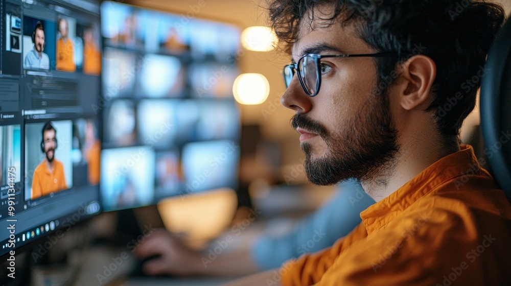 Focused young man editing video content on multiple screens in a modern workspace. Focused young man editing video content on multiple screens in a modern workspace.