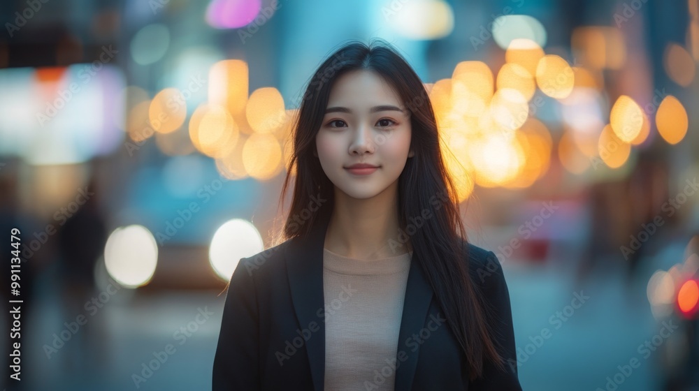 Obraz premium A woman with long, black hair is standing in a city street at night. The lights of the city are blurred in the background.
