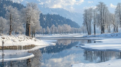 Pahalgam in winter, with snow-blanketed meadows, frozen rivers, and tall trees standing silently in the white landscape.