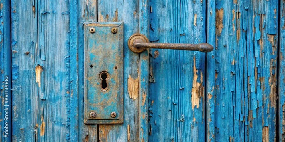 Metal handle with closed keyhole detail on weathered blue wooden door, vintage design element Metal handle with closed keyhole detail on weathered blue wooden door, vintage design element