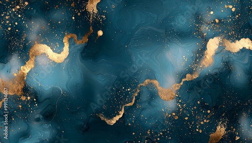 The background macro features splashes of blue and golden liquid paints