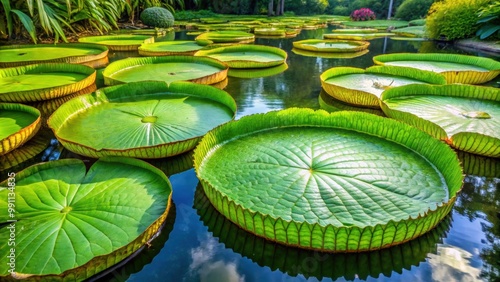 Top view of a Victoria cruziana (Giant Water Lily) with large green floating leaves in a pond , exotic photo