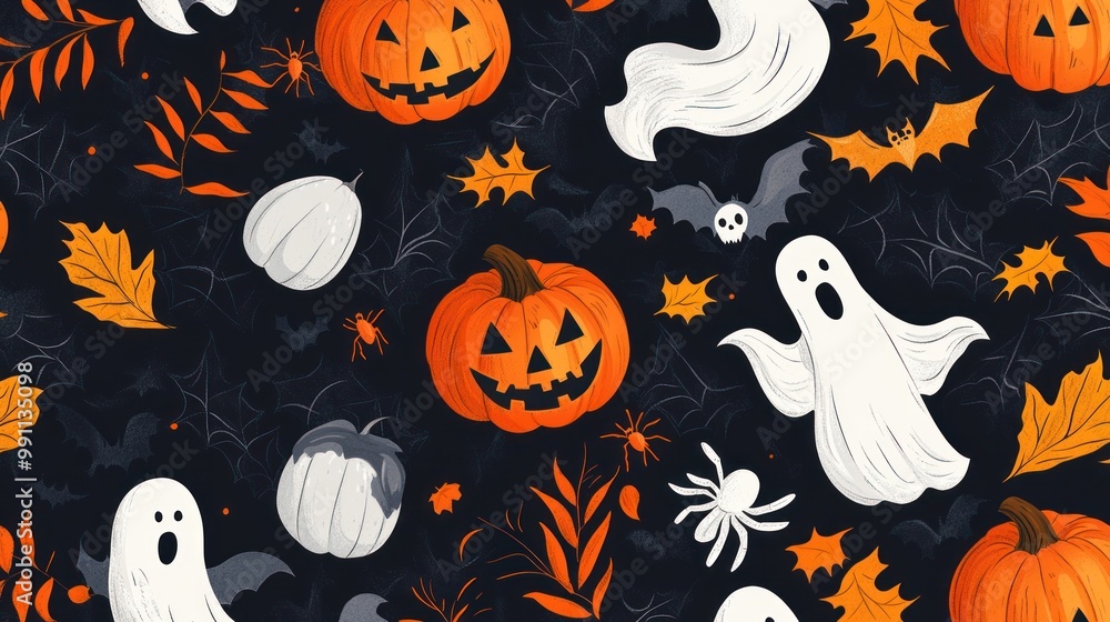 Halloween seamless pattern with pumpkins, ghosts, spiders, and bats on a black background. Halloween seamless pattern with pumpkins, ghosts, spiders, and bats on a black background.