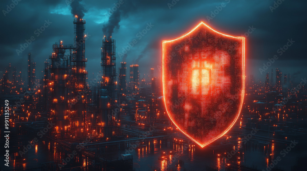 Obraz premium Digital shield over futuristic city.