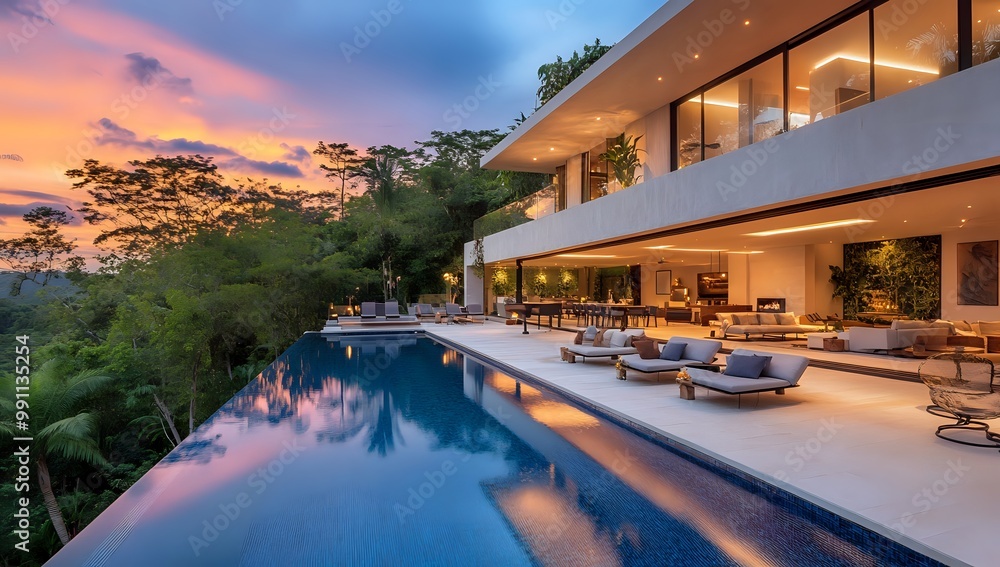 Obraz premium Modern luxury villa with infinity pool overlooking a lush jungle at sunset.