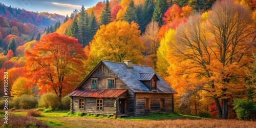 Old house surrounded by colorful autumn trees in the forest, autumn, fall, foliage, leaves, trees, house, cabin, forest, nature