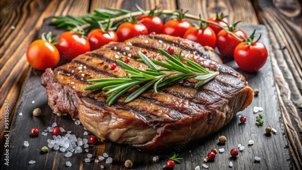 Grilled rib eye steak garnished with fresh rosemary and tomato , rib eye steak, grilled, medium rare, rosemary, tomato Grilled rib eye steak garnished with fresh rosemary and tomato , rib eye steak, grilled, medium rare, rosemary, tomato