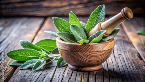 Closeup of green sage leaves and pestle in mortar on wooden table, green, sage, leaves, pestle photo