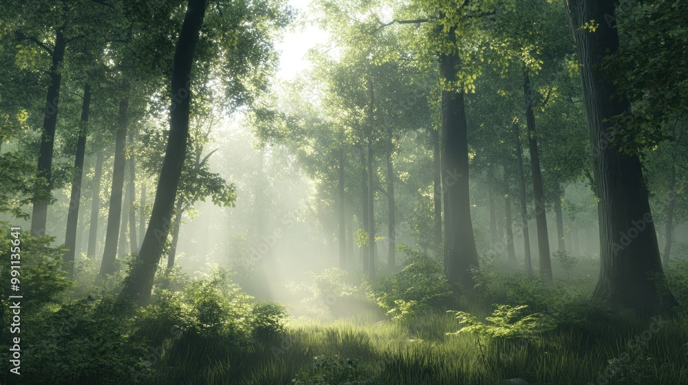 Obraz premium Sunlight streams through the dense canopy of a misty forest, illuminating a path leading through the undergrowth.