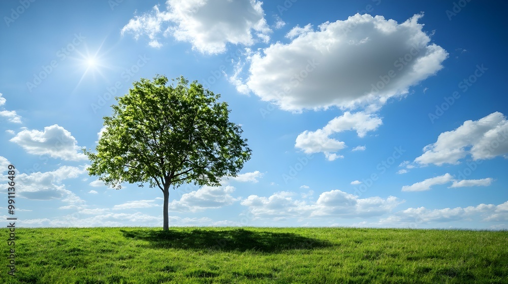 Lone tree on green grass under a bright blue sky with fluffy white clouds. Lone tree on green grass under a bright blue sky with fluffy white clouds.