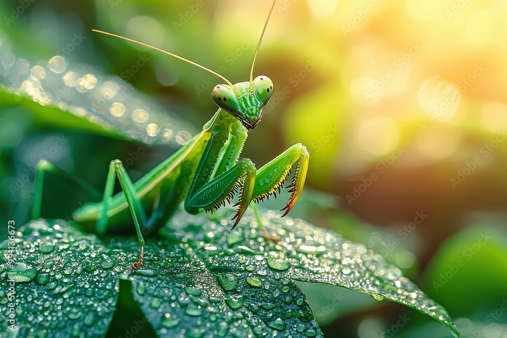 Green Praying Mantis Perched on Dew-Covered Leaf Green Praying Mantis Perched on Dew-Covered Leaf