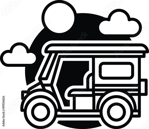 A black and white tuk tuk vehicle with a background