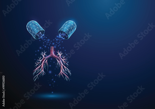 Opened blue medical drug capsule with falling particles and bronchial tree. Healthcare medical pharmacy concept.