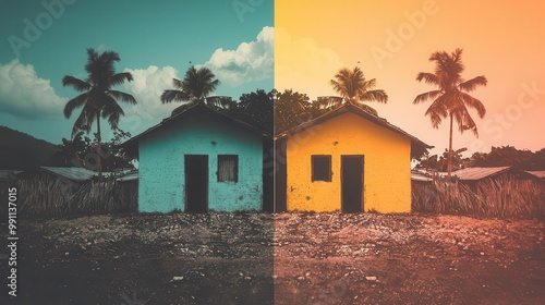 Contrast of a luxurious vacation photo with an image of a poor community living in makeshift houses, vacation vs survival, wealth divide photo