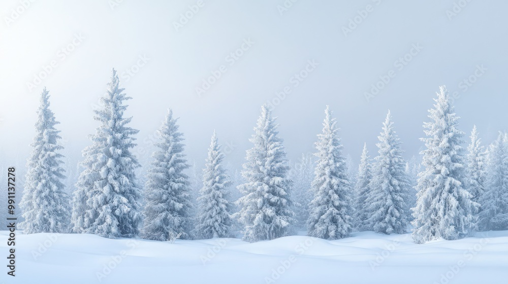 Fototapeta premium A serene winter landscape featuring snow-covered trees in a foggy atmosphere.