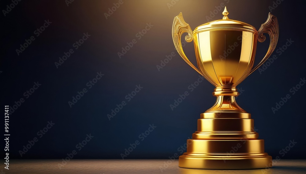 Shiny golden trophy on a dark background, symbolizing achievement and success in sports competitions. Shiny golden trophy on a dark background, symbolizing achievement and success in sports competitions.