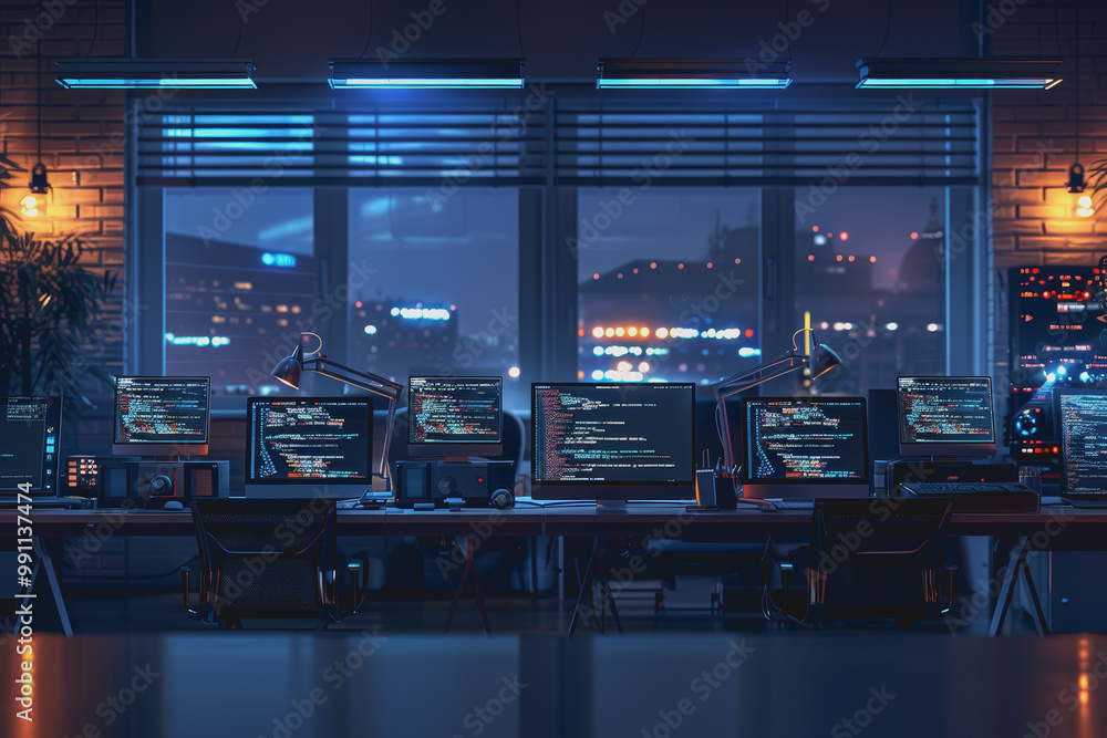 A Hitech office with programmers sitting near a table with laptops. A Hitech office with programmers sitting near a table with laptops.