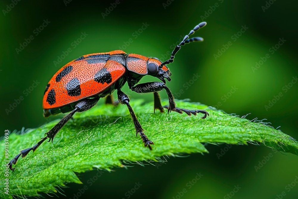 Fototapeta premium Red and Black Beetle on a Green Leaf