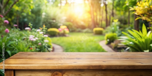 A serene and stylish wooden desk with a soft focus garden backdrop