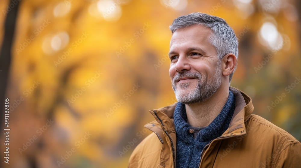 Smiling man with gray hair and beard in a brown jacket in front of a yellow and orange blurred background. Smiling man with gray hair and beard in a brown jacket in front of a yellow and orange blurred background.