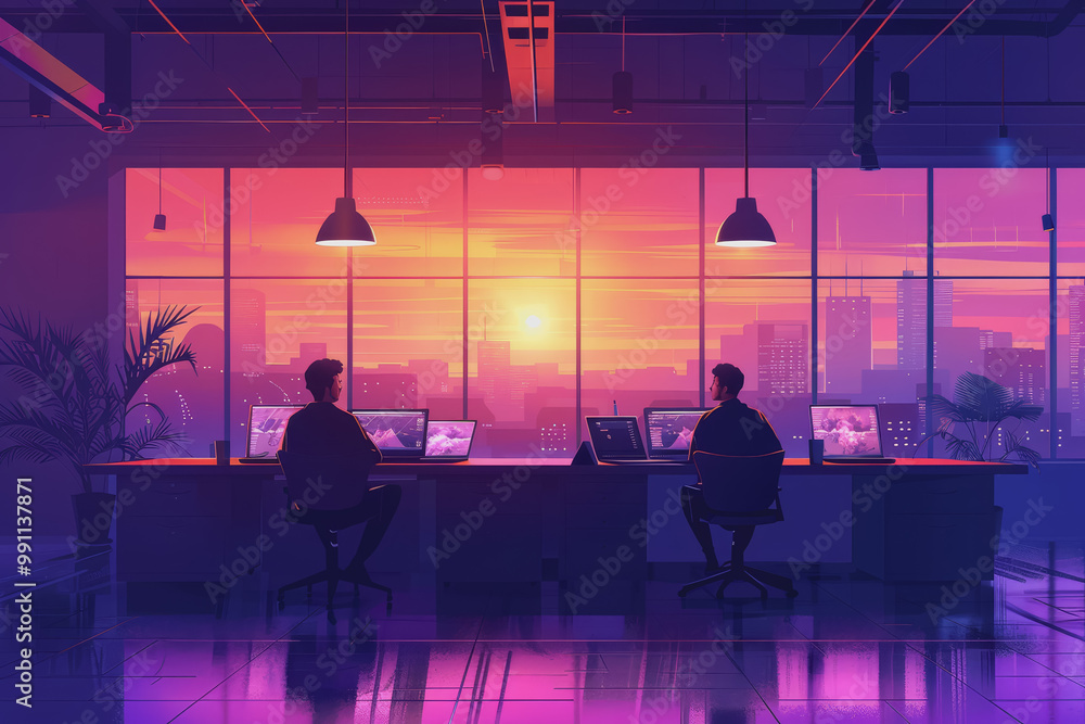 A Hitech office with programmers sitting near a table with laptops. A Hitech office with programmers sitting near a table with laptops.