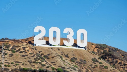 Image showcases the iconic sign, located on the hillside of the Santa Monica Mountains in Los Angeles, California. The sign consists of large, white, block letters spelling '2030', AI generated