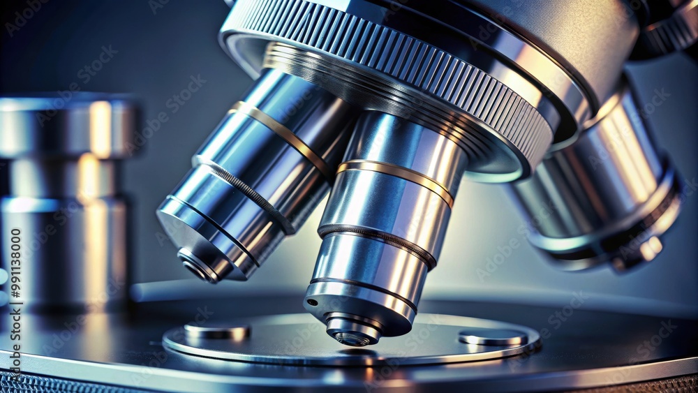 Close-up shot of a microscope lens made of metal, microscope, close-up, magnification, scientific, research Close-up shot of a microscope lens made of metal, microscope, close-up, magnification, scientific, research