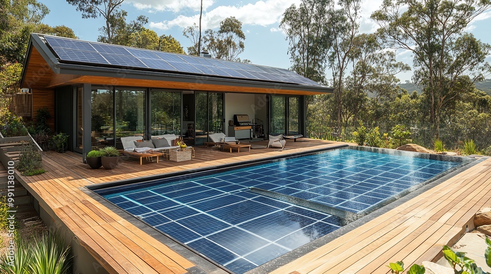View of eco-friendly solar-powered pool pump on wooden deck with visible panels ...
