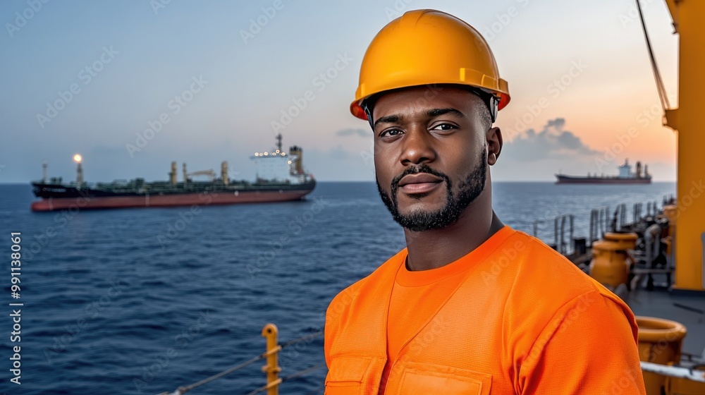 A construction worker stands on a ship's deck during sunset, looking over calm waters with an oil rig in the distance and vibrant colors in the sky A construction worker stands on a ship's deck during sunset, looking over calm waters with an oil rig in the distance and vibrant colors in the sky