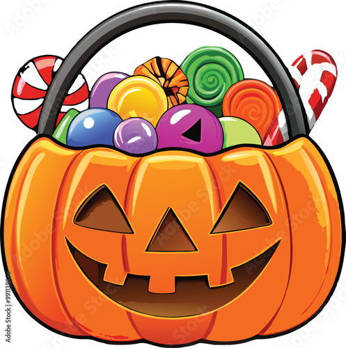 Scary pumpkin basket to collect candy on Halloween day, Concept for Halloween holiday