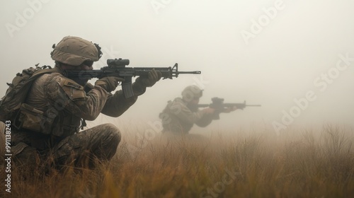 Soldier aiming rifle in foggy field.