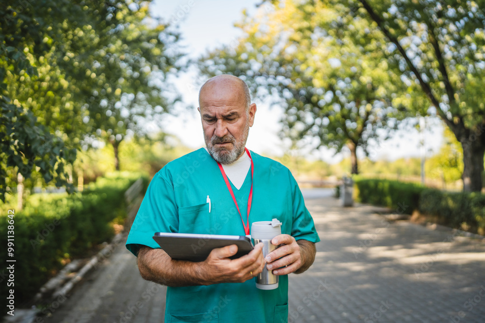 Fototapeta premium Mature senior man doctor use tablet and drink coffee in front hospital