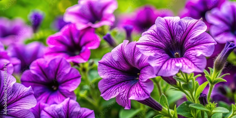 Closeup of vibrant purple Petunia flowers with lush green leaves in a summer garden , Petunia flowers, violet, blooming, Hybrida Closeup of vibrant purple Petunia flowers with lush green leaves in a summer garden , Petunia flowers, violet, blooming, Hybrida