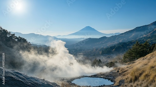 Steam rising from the volcanic springs of Owakudani Valley in Hakone, with Mount Fuji visible in the distance.