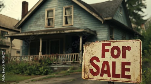 Charming Blue House With a for Sale Sign on a Quiet Street Generative AI photo