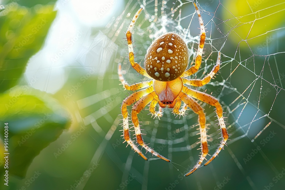 Fototapeta premium A Yellow Spider with White Spots in its Web