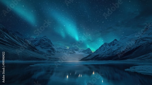 A serene night scene with the Northern Lights reflecting in a frozen lake surrounded by snow-covered mountains.