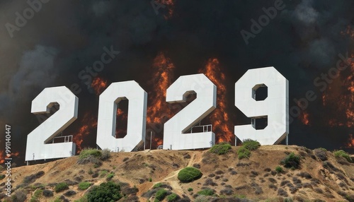 Image showcases the iconic sign, located on the hillside of the Santa Monica Mountains in Los Angeles, California. The sign consists of large, white, block letters spelling '2029', AI generated