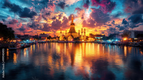 A stunning view of Wat Arun temple at sunset, with the Chao Phraya river reflecting golden light