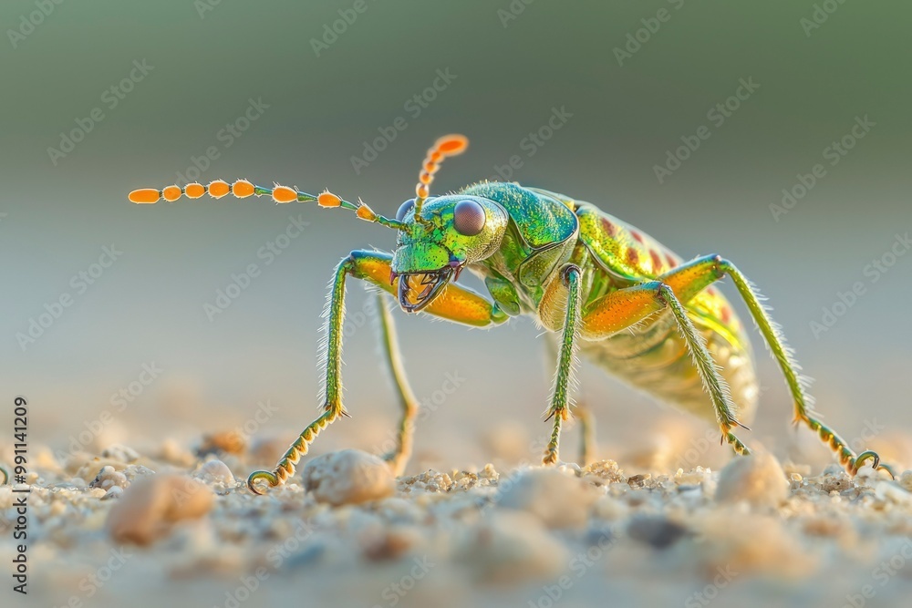 Fototapeta premium Close-up of a Metallic Green Beetle on Gravel