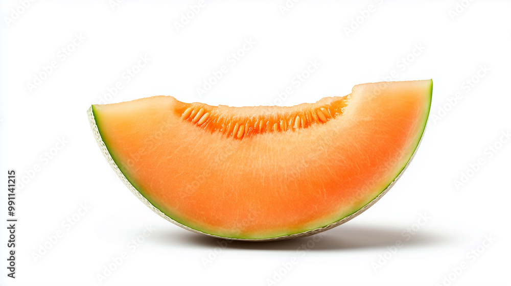fresh slice of cantaloupe melon with vibrant orange flesh and green rind on white background. fresh slice of cantaloupe melon with vibrant orange flesh and green rind on white background.