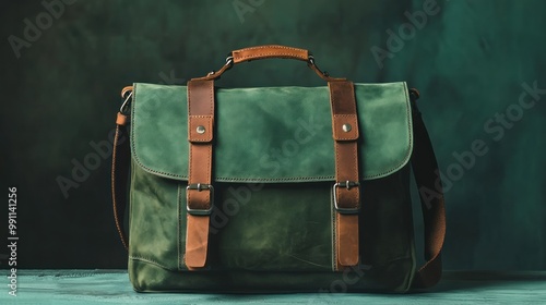 Green leather satchel bag with brown straps and buckles on a green background.