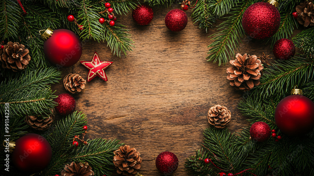 Christmas tree branch decorations framing a wooden table, creating festive and seasonal wallpapers with pine cones, red ornaments, and vibrant greenery. Christmas tree branch decorations framing a wooden table, creating festive and seasonal wallpapers with pine cones, red ornaments, and vibrant greenery.