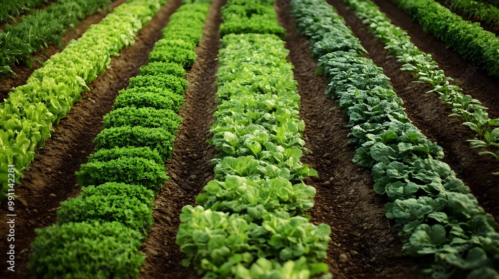 Lush green vegetable rows in a well-maintained farm field. Lush green vegetable rows in a well-maintained farm field.
