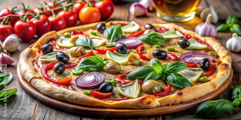 Healthy pizza topped with artichokes, olives, onions, peppers, basil, and olive oil Healthy pizza topped with artichokes, olives, onions, peppers, basil, and olive oil