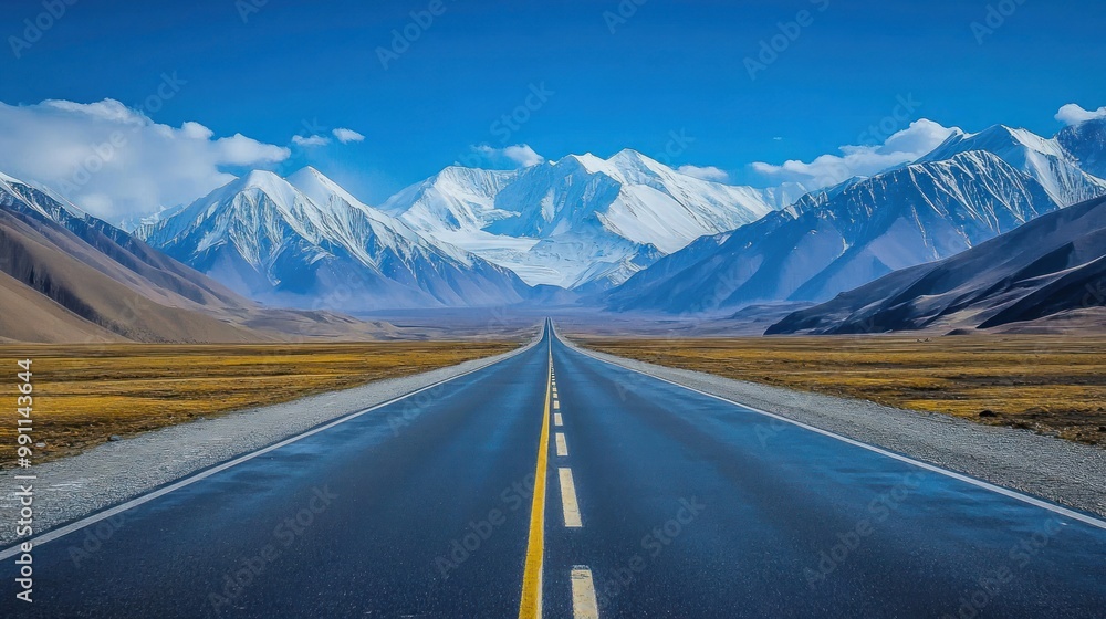 A lone asphalt road stretches into the distance, framed by a majestic mountain range. A lone asphalt road stretches into the distance, framed by a majestic mountain range.