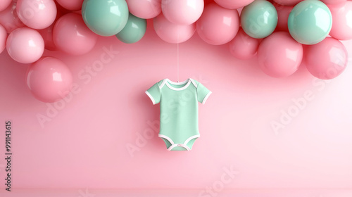 Baby onesie hanging, floating balloons, soft pink baby shower background, 3D illustration