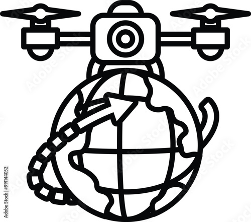 A black and white drawing of a globe with a drone on top of it