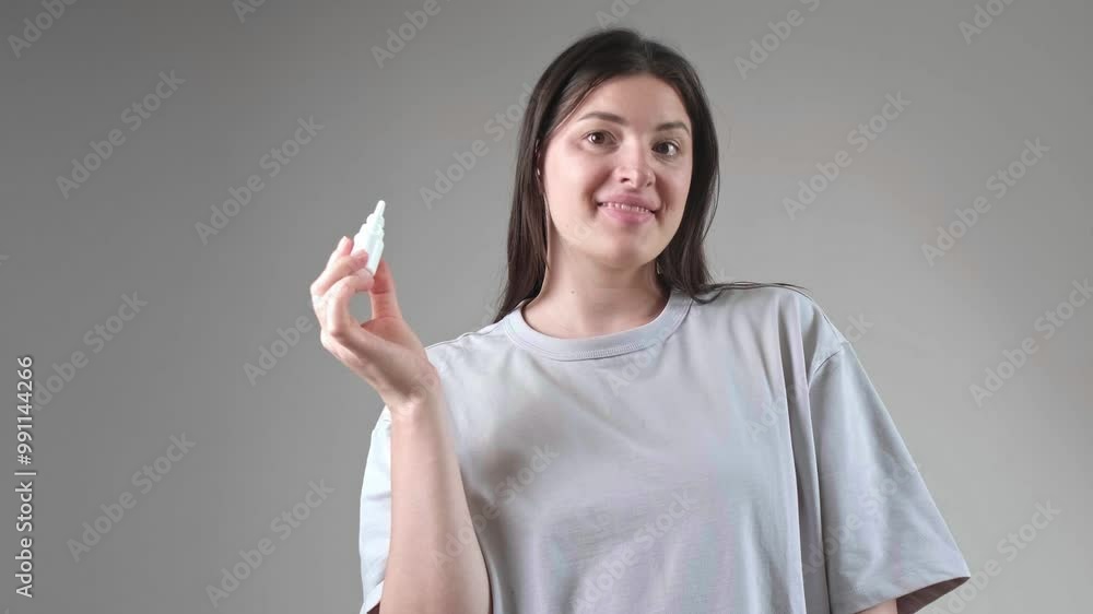 Seasonal allergy relief products, promoting solutions for managing allergy symptoms, woman holding nasal drops. Seasonal allergy relief products, promoting solutions for managing allergy symptoms, woman holding nasal drops.