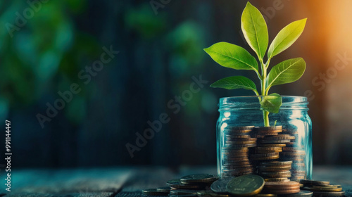 Growing money concept, with a plant sprouting from a pile of coins, symbolizing successful financial investments and long-term wealth growth photo